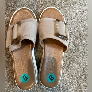 Slip-On Wedge Sandals in Light Taupe with Decorative Buckle